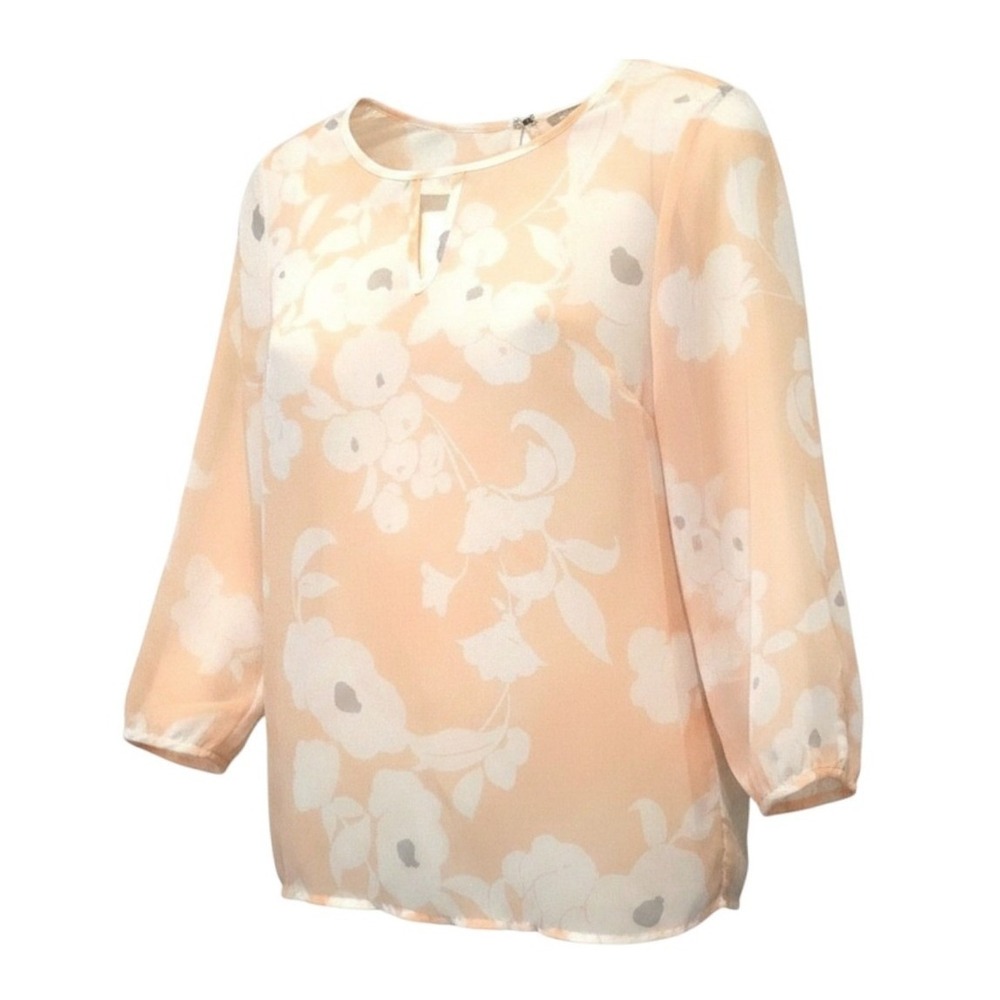 Banana Republic Floral Keyhole Blouse 3/4 Sleeve Peach White Boho Cute Sheer XS